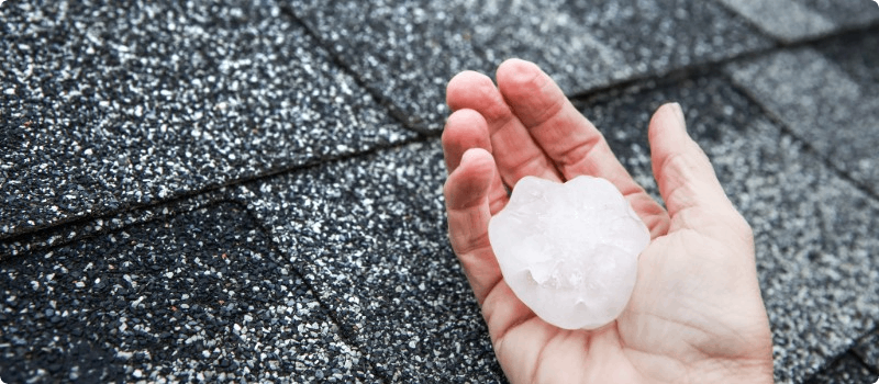 Person on a roof holding hail in their hand.