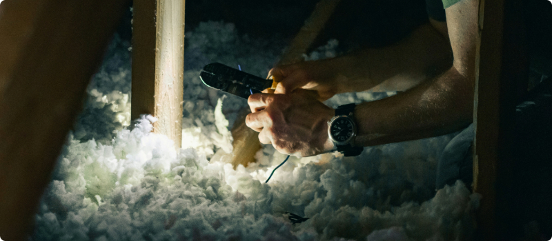 A person working on a wire surrounded by cellulose insulation.