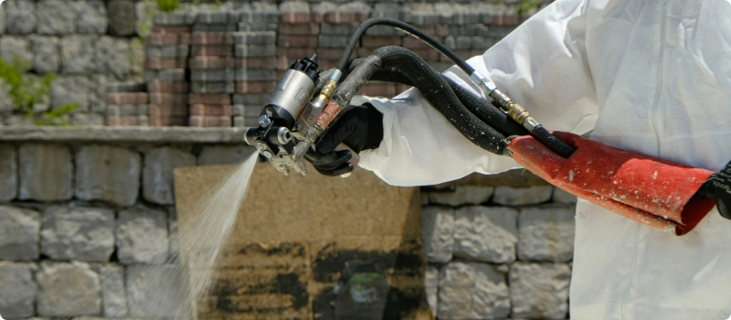 A close-up of a worker spraying plastic-based insulation.