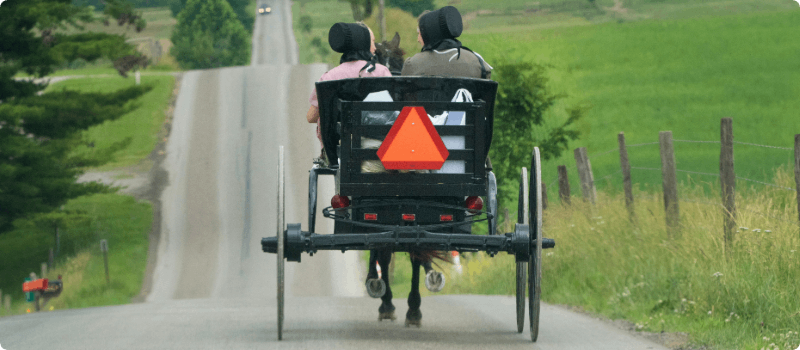 Horse drawn carriage driving down the road.