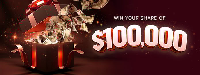 red background with presents exploding money and white text reading win up to 100,000