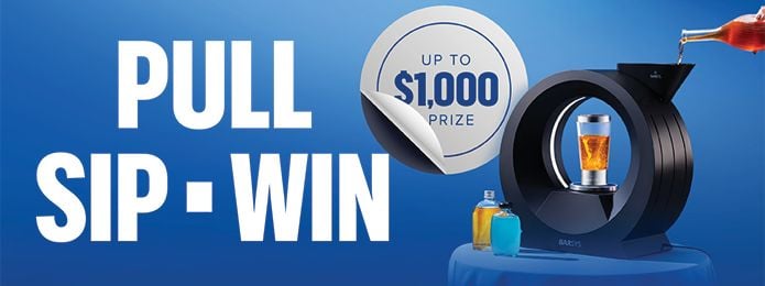 blue background with pull tab, beer, and promo text description