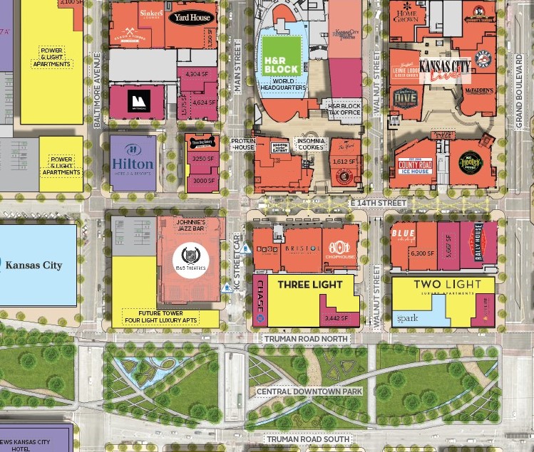 Power and Light District Site Plan, Level 1, featuring current tenants and surrounding streets.