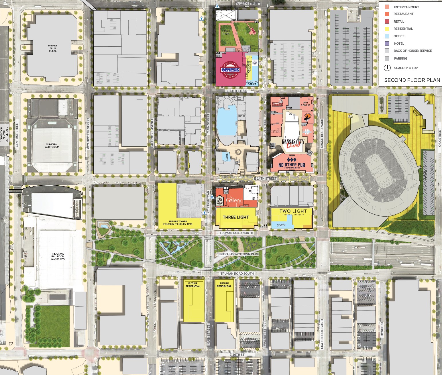 Power and Light District Site Plan, Level 2, featuring current tenants and surrounding streets.