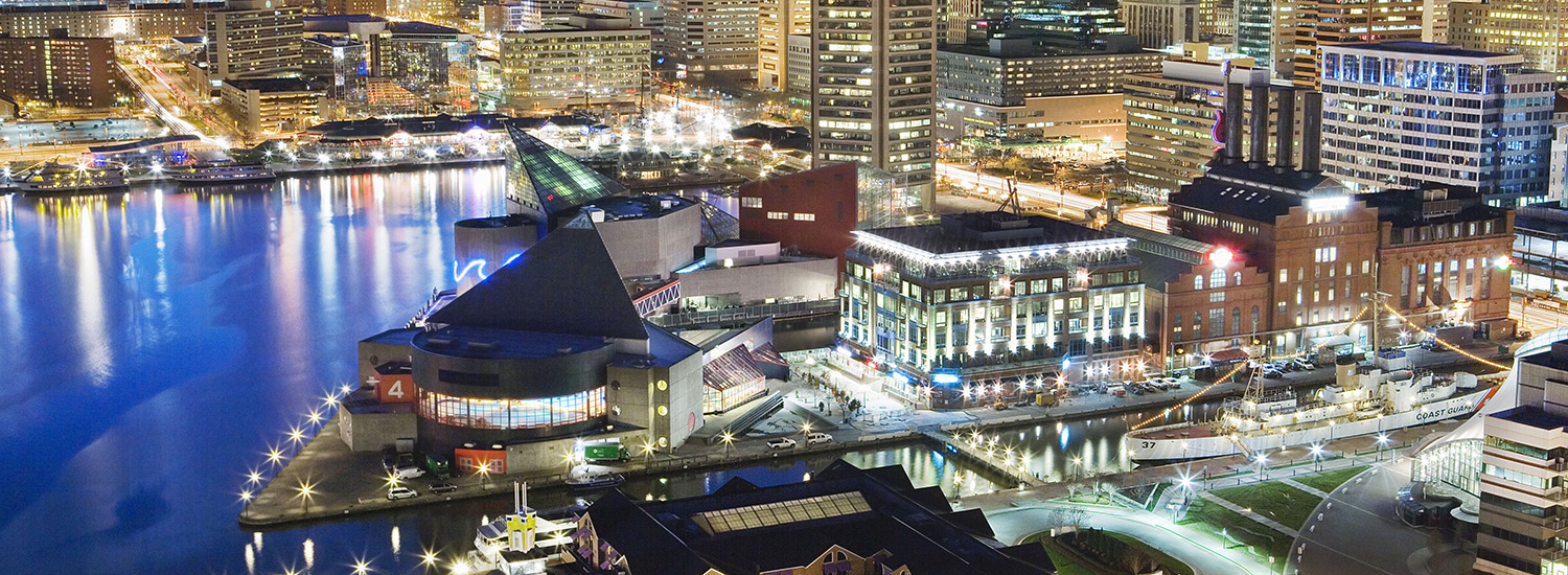 East view of Power Plant harbor at night