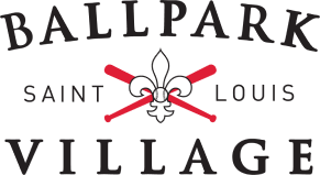 Ballpark Village Saint Louis black text and red baseball bats logo.