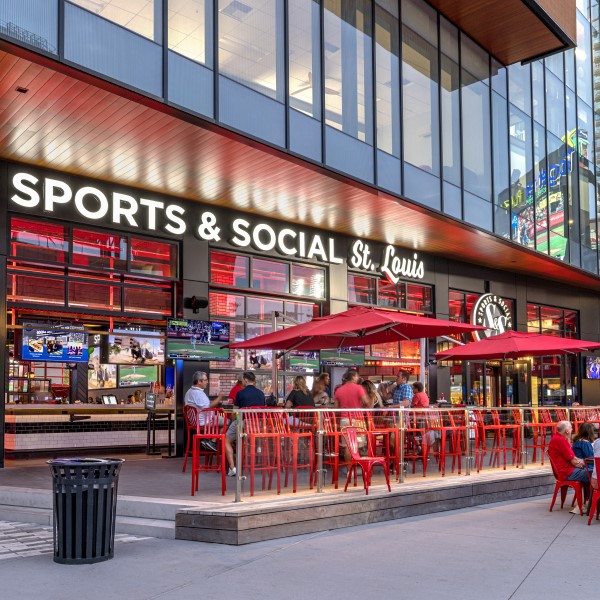 Patio at Sports and Social St. Louis facing Busch Stadium