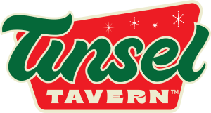 Retro style Tinsel Tavern red and green logo.