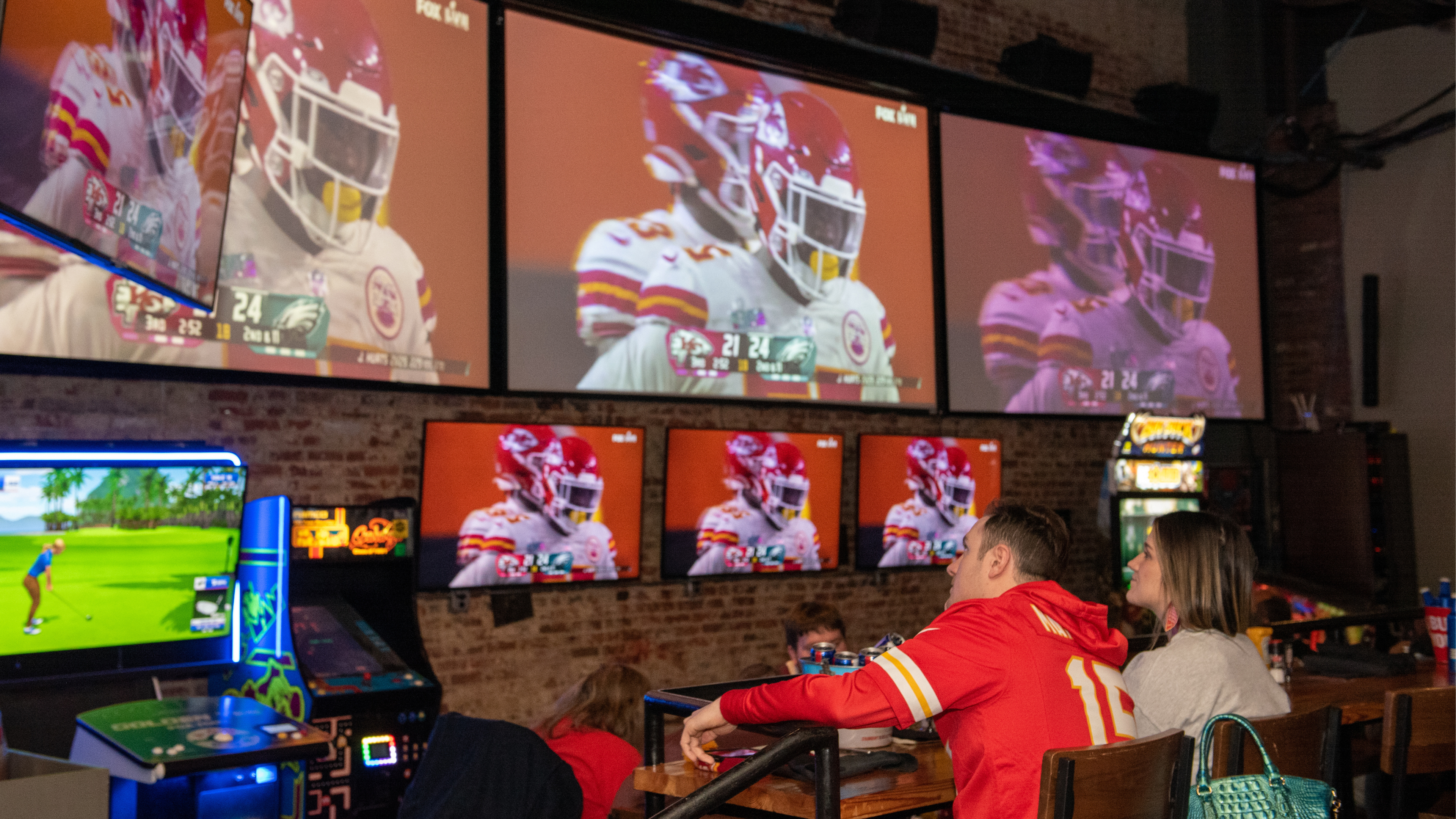 An image of people watching the Big Game at Sports and Social.