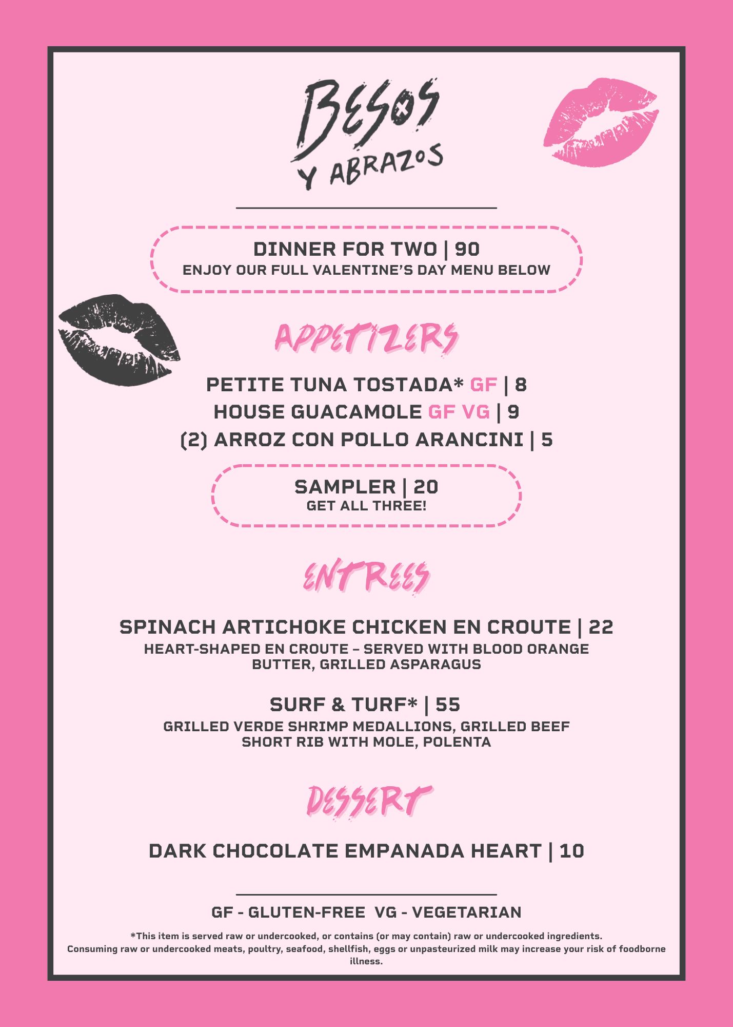 Besos Valentines Day Dinner Menu
