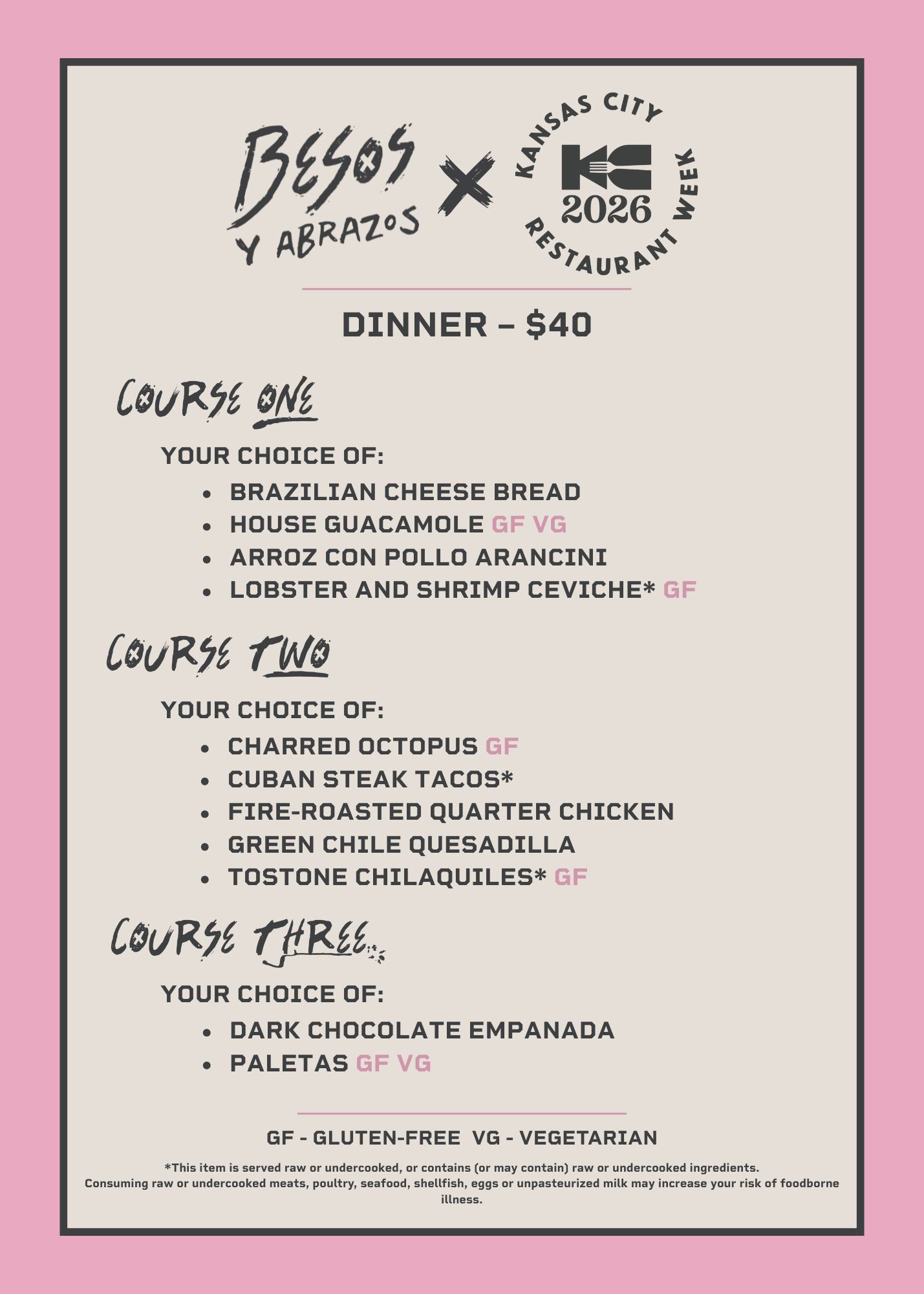 Besos Restaurant Week Dinner Menu