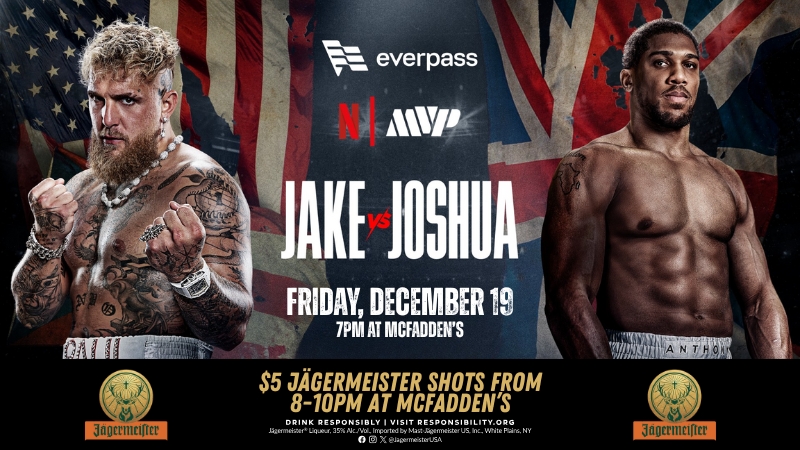 Jake Paul vs Anthony Joshua watch party at McFadden's. 