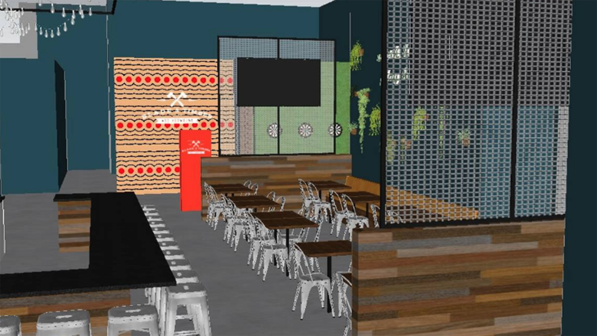 A rendering for Blade and Timber shows rows of tables and chairs with natural tones and wood.