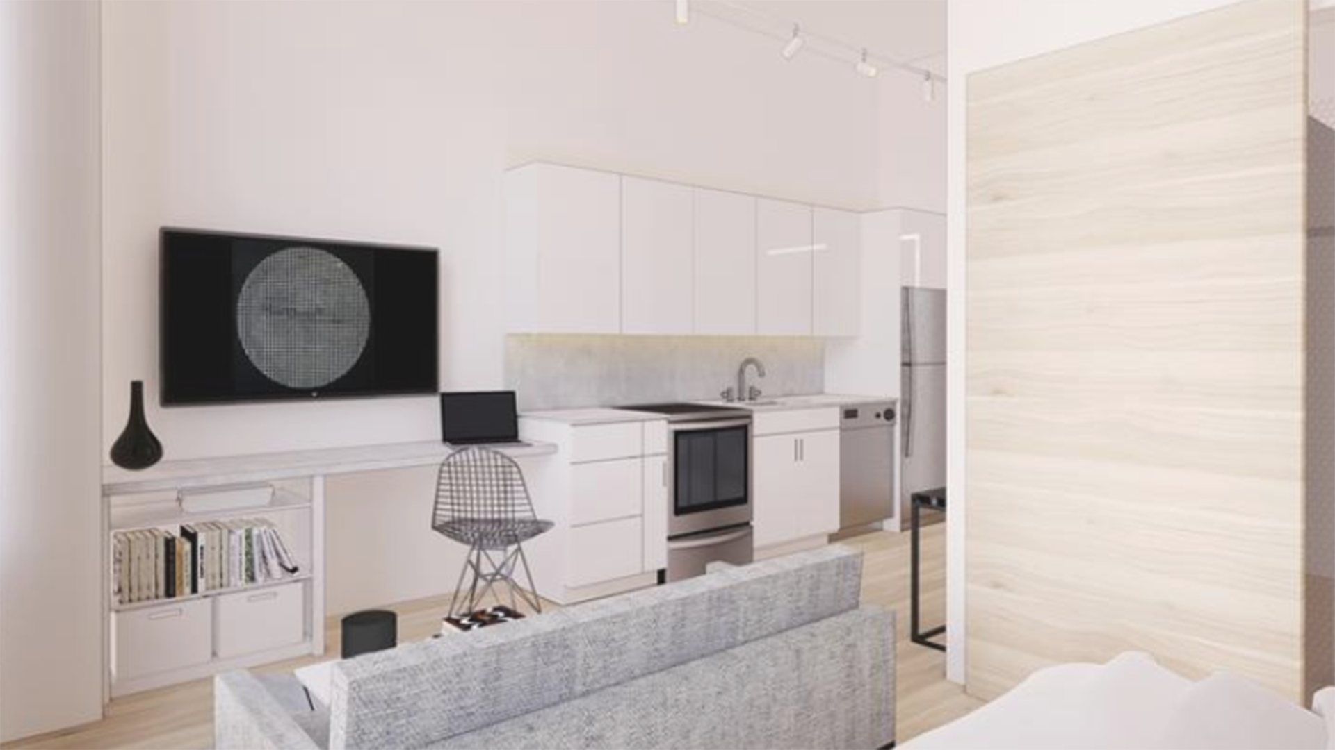 A rendering of a hotel room shows a neutral color palette and sleek, trendy accents. 