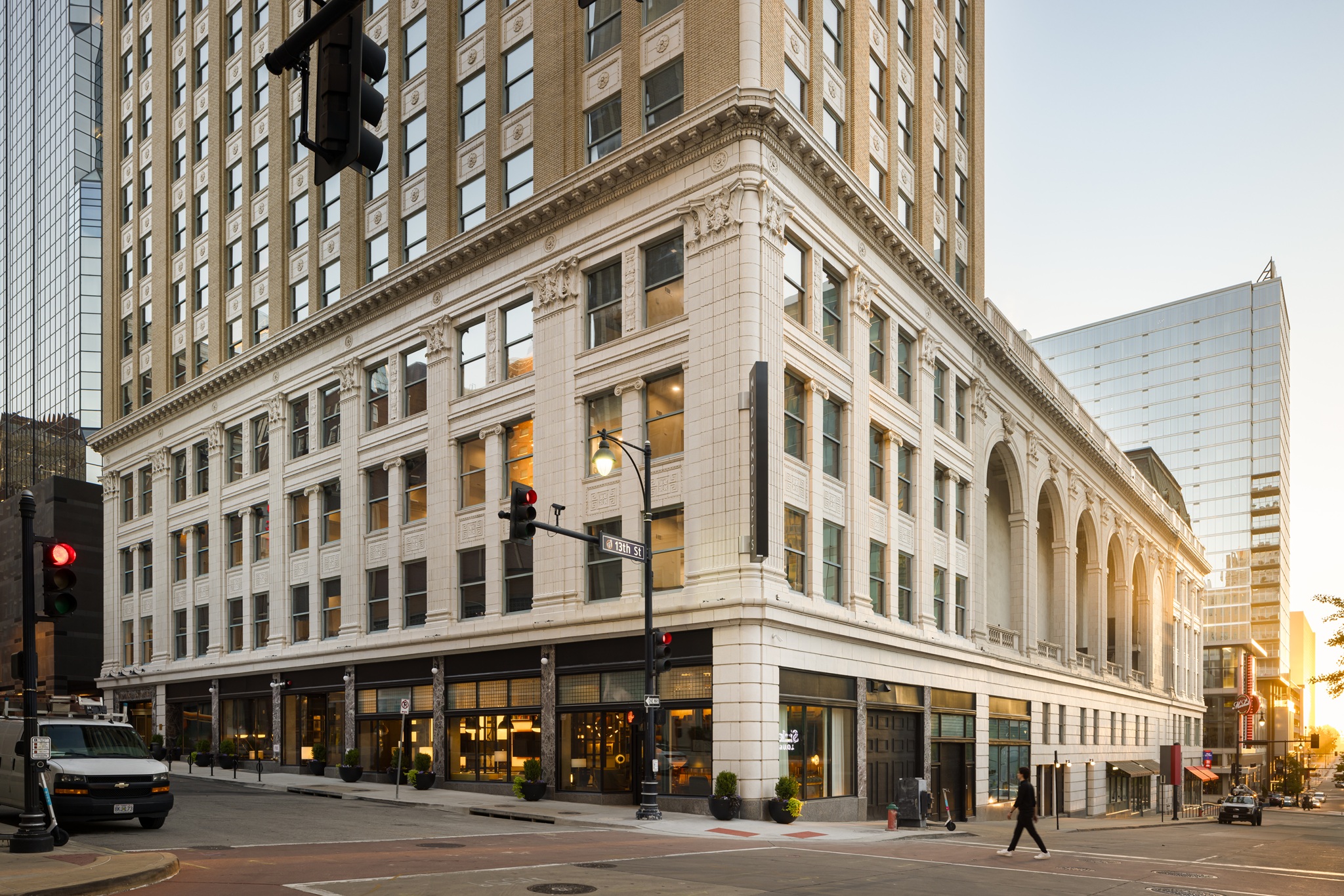 Exterior photo of Midland Lofts in Kansas City, MO at dusk.