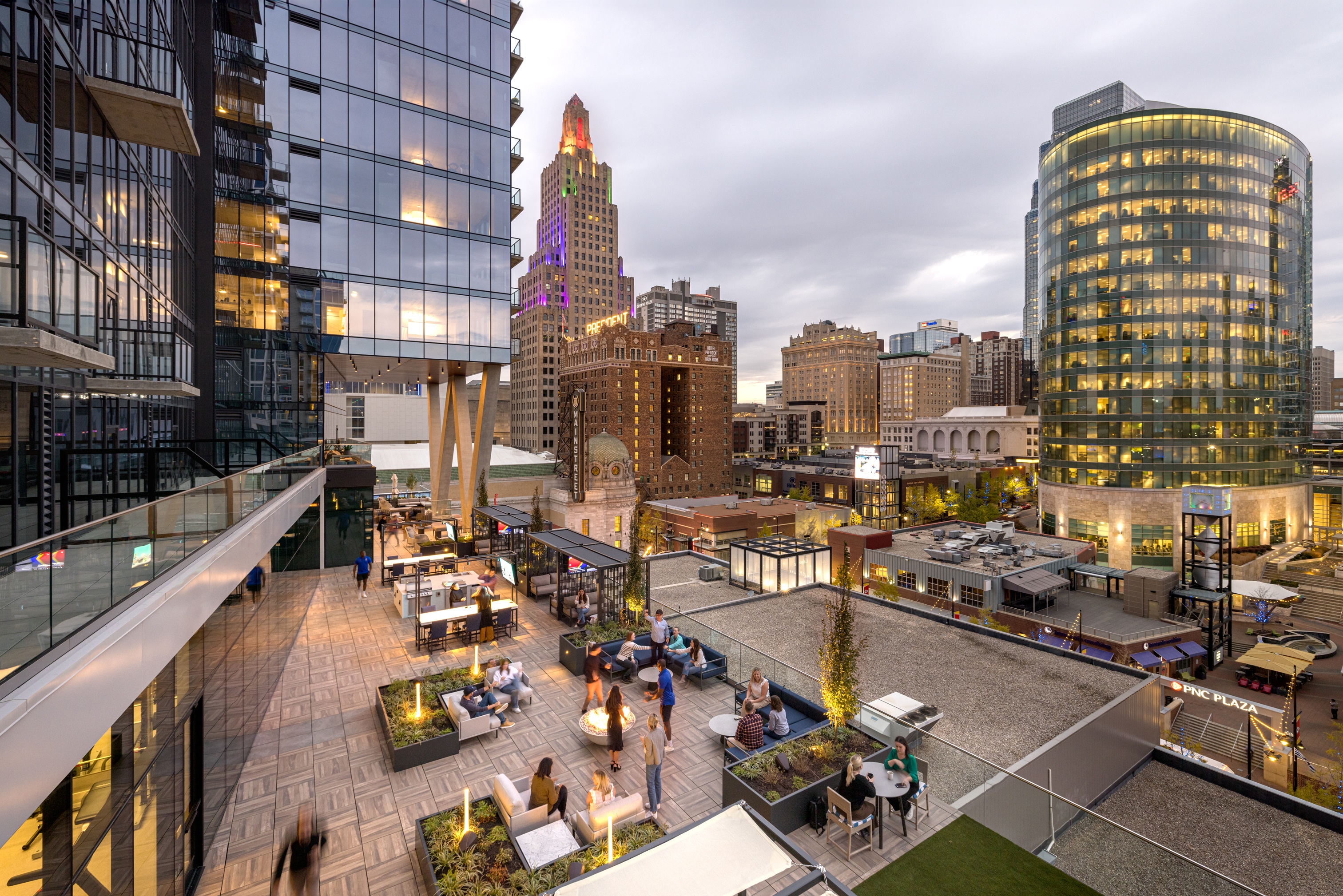 Aerial view of Three Light Luxury Apartments amenity deck.