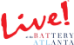 Live! at the Battery Atlanta red, light blue, and dark blue text logo
