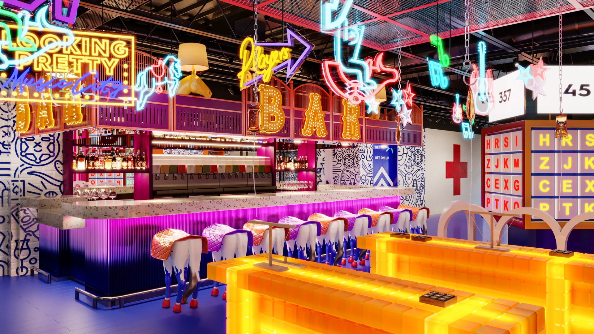 Bar area with colorful neon signs and games at Play Playground at Nashville Live!