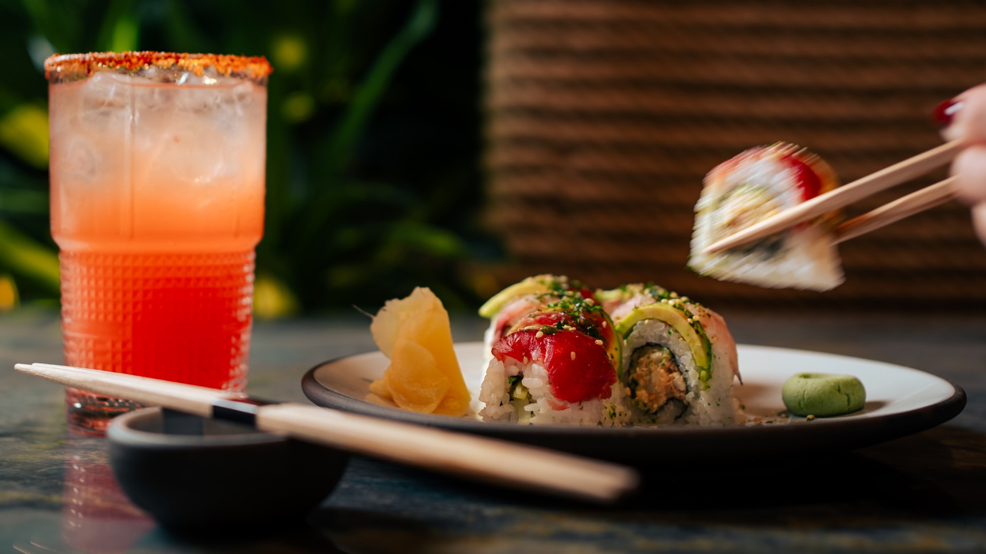 Sushi roll and cocktail at Palm Tree Club.