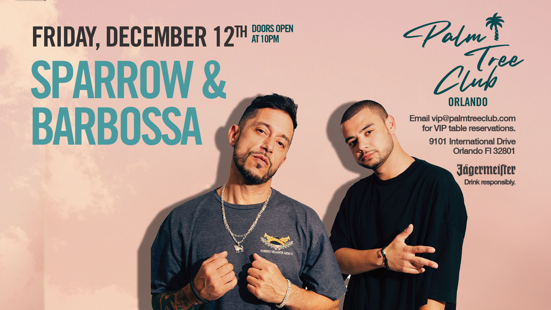 Photo of Sparrow & Barbossa against pink background with event details.