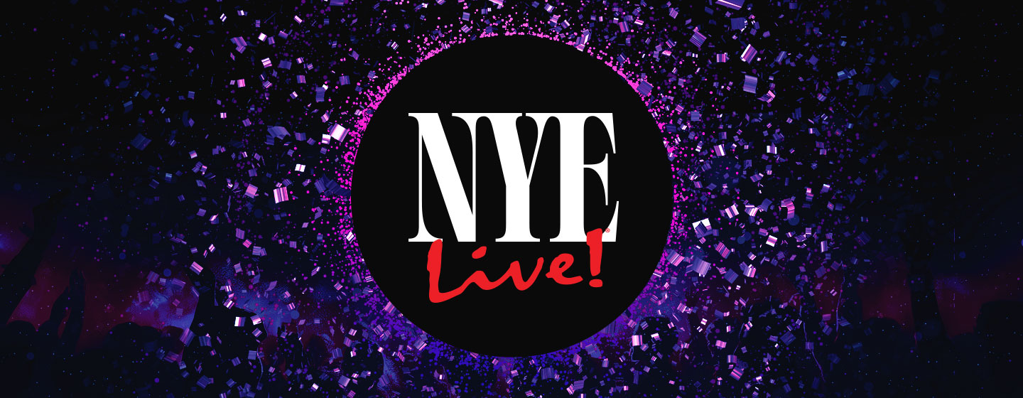 White NYE text and red Live! text against a black background surrounded by a circle of purple and pink glitter spreading out toward the edges.