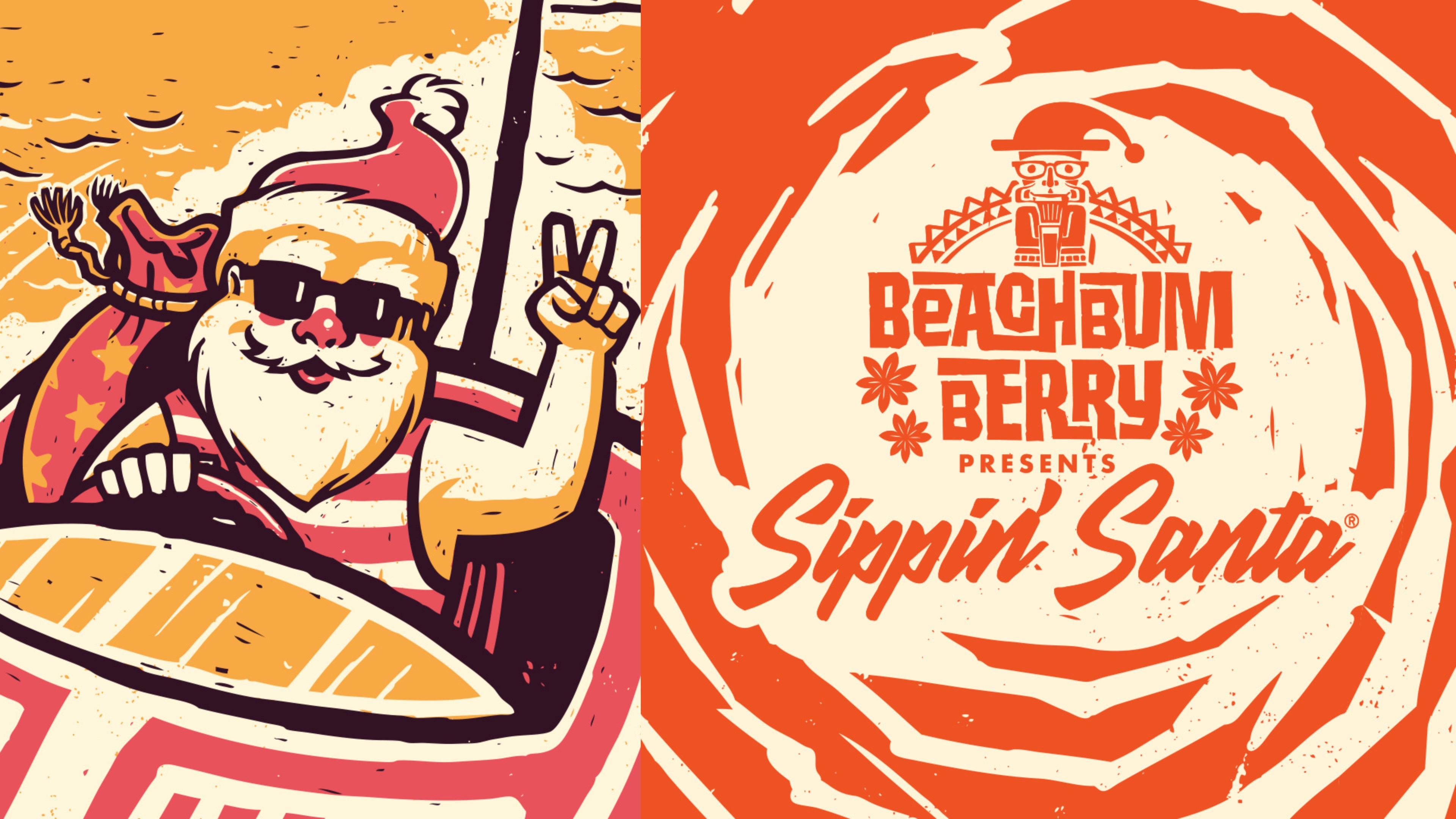 Tropical Christmas-themed Sippin’ Santa pop-up bar at Shark Bar Orlando with palm trees, twinkling lights, tiki cocktails, and festive holiday decor.