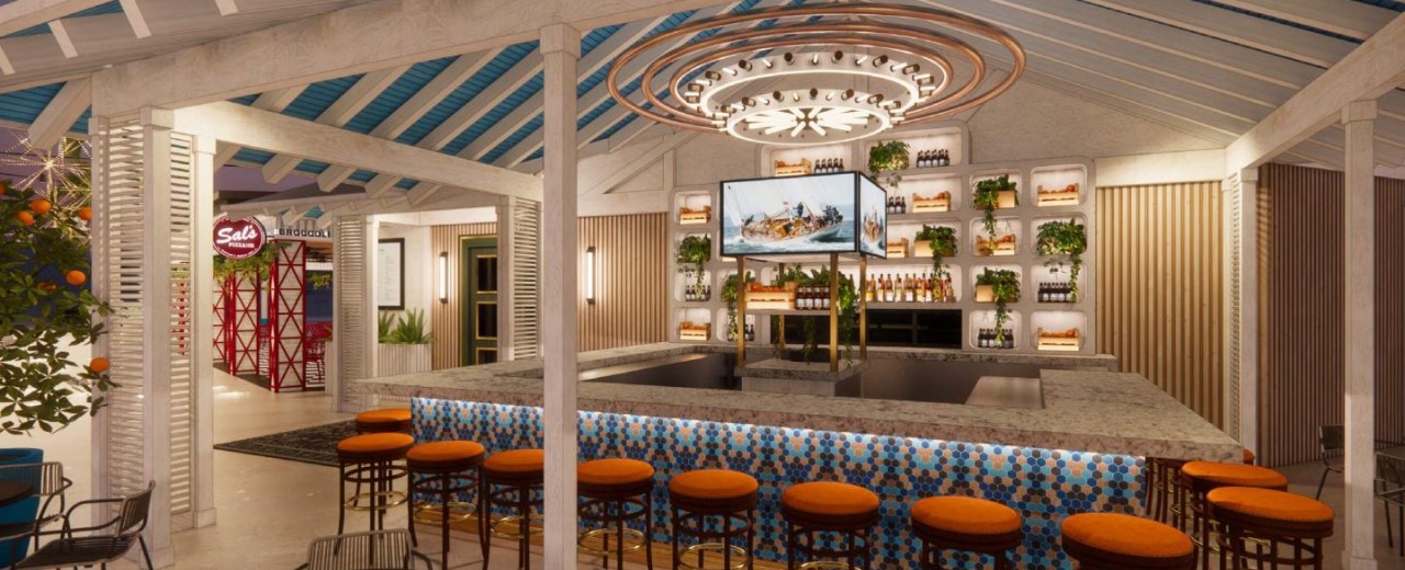 Blue Moon outdoor bar at the Houndsmen English Lounge rendering