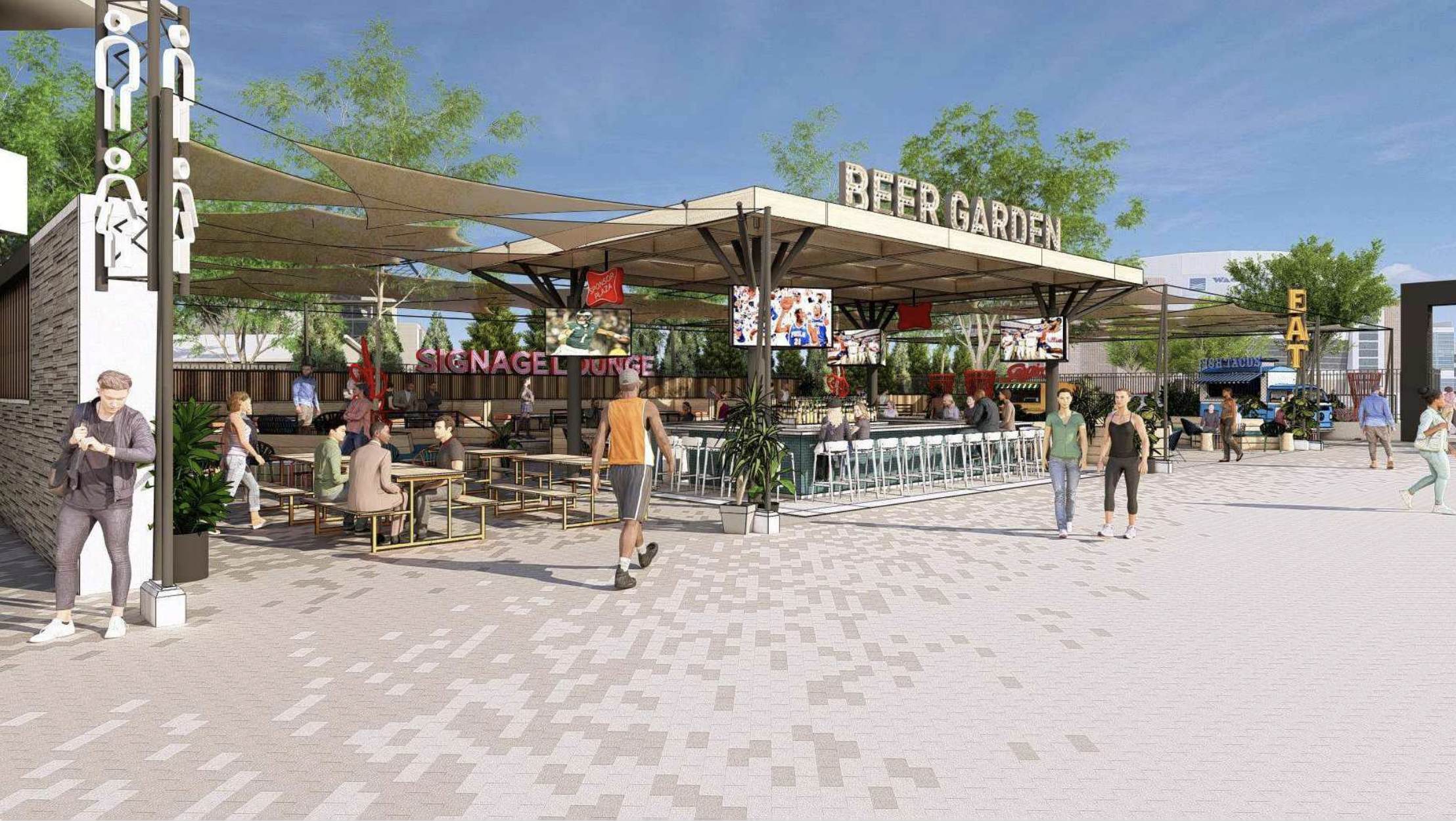Rendering of beer garden and outdoor space of expanded Stateside Live!
