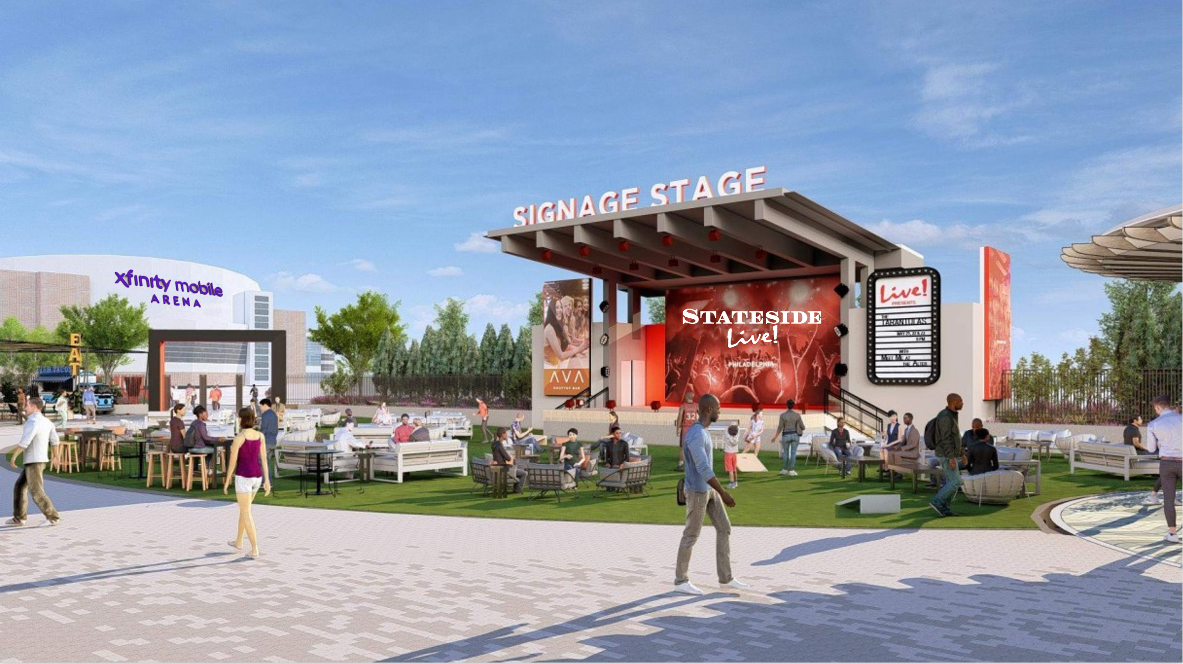 Rendering of outdoor concert stage and lawn of expanded Stateside Live!