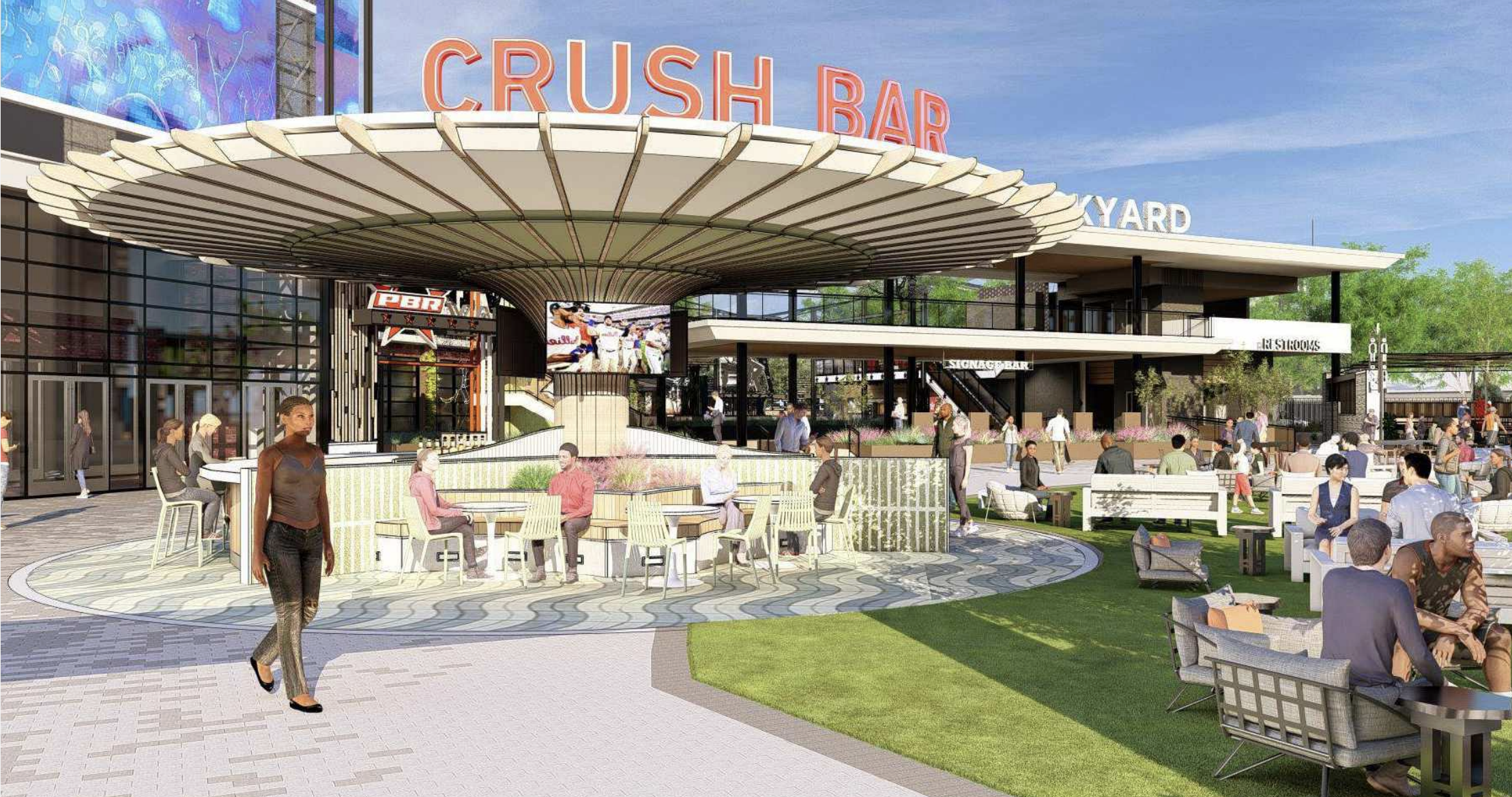 Rendering of outdoor crush bar and lawn area of expanded Stateside Live!