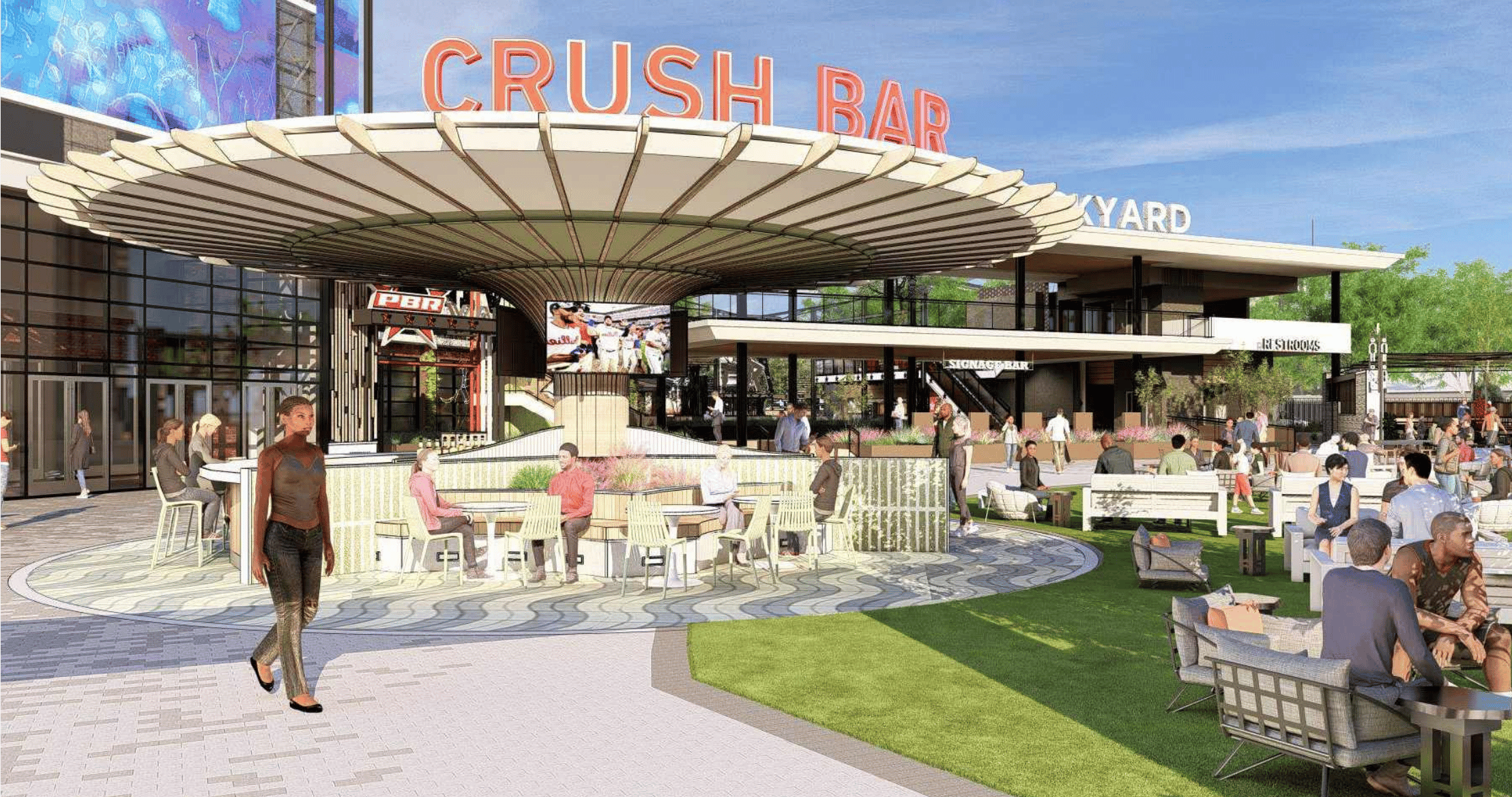 Rendering of outdoor crush bar and lawn area of expanded Stateside Live!