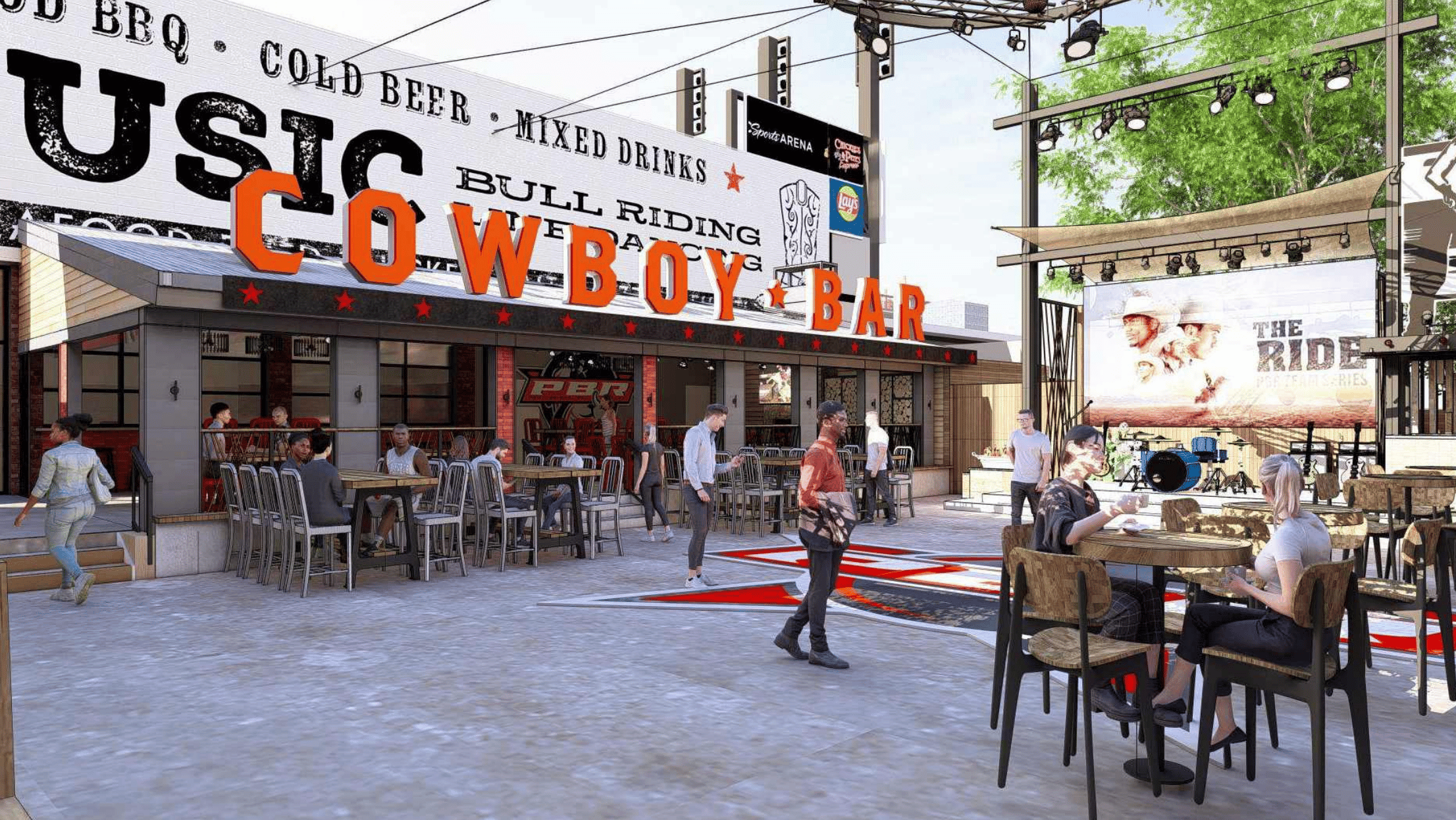 Rendering of PBR Cowboy Bar patio of expanded Stateside Live!