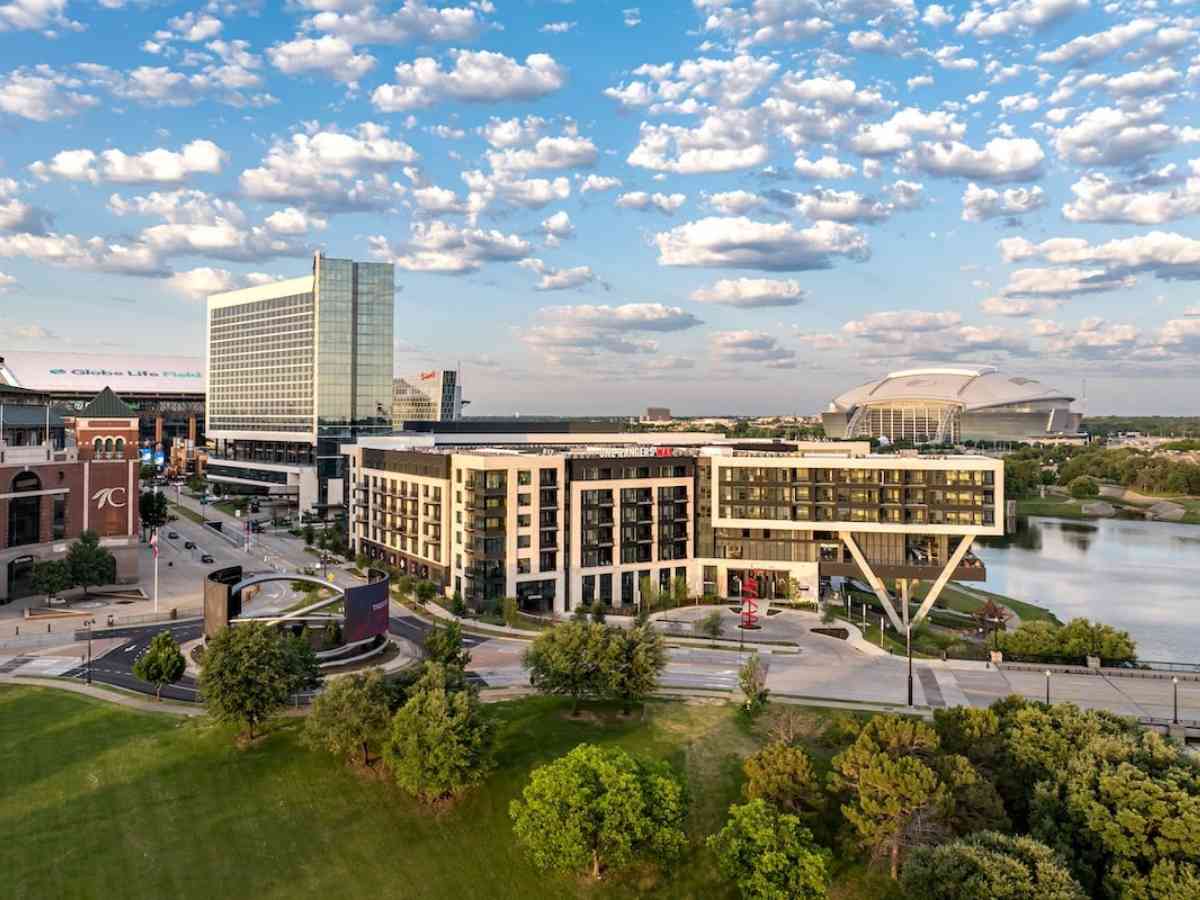 Aerial wide shot of One Rangers Way and surrounding area during the day.