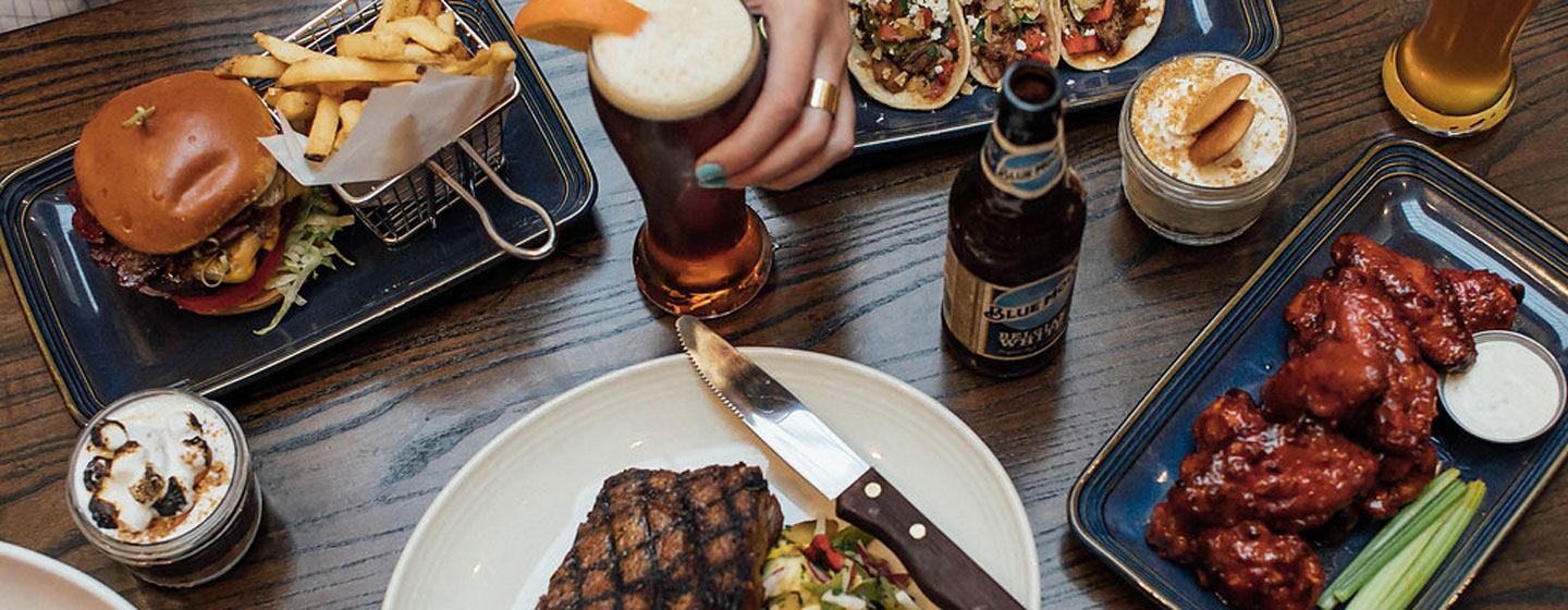 Steak, Wings, Burgers, Fries, and Blue Moon Beer