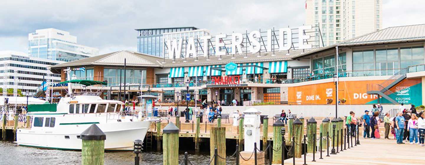 View of Waterside District exterior from dock. 