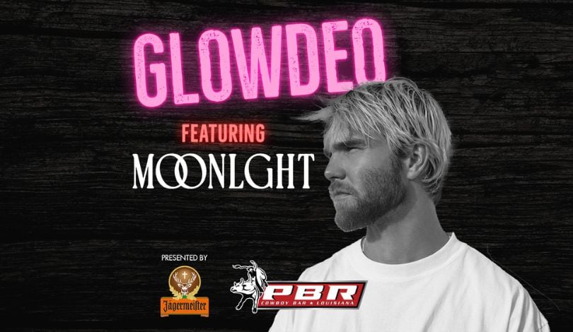 wooden background with a black and white image of MOONLGHT the dj. text reads GLOWDEO featuring MOONLGHT. brought to you by Jagermeister and PBR Louisiana