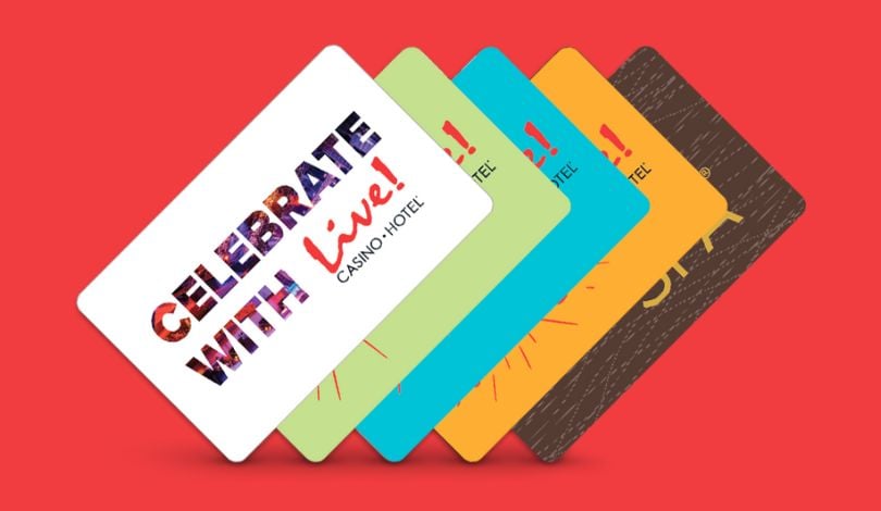 a red background and an image of 5 multi-colored gift cards that say CELEBRATE WITH LIVE! in the center