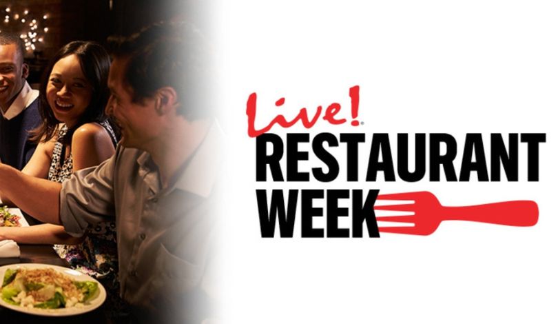 image of people clinking glasses over dinner with text to the right that reads Live! Restaurant Week