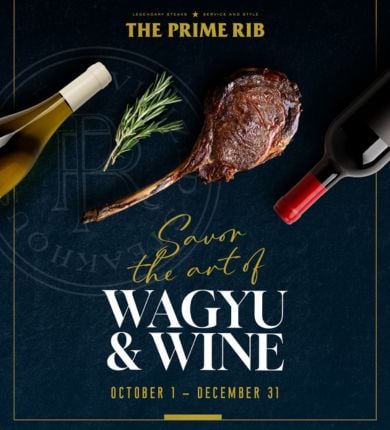 image of blue background with wagyu tomahawk steak, a sprig of rosemary, and two bottles of wine. text reads savor the art of wagyu and wine, october 1-31, the prime rib louisiana