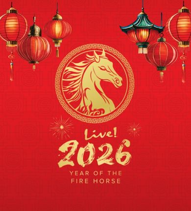 a red background with 3 red lanterns at each top corner, gold text that reads Live! 2026 lunar new year