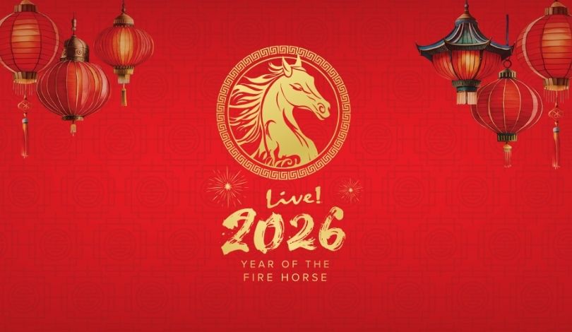 a red background with 3 red lanterns at each top corner, gold text that reads Live! 2026 lunar new year