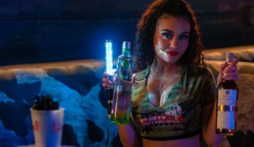 PBR Girl with Liquor Bottles