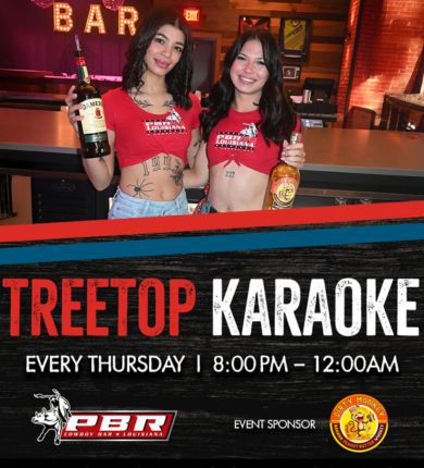 image of two girls in PBR shirts and denim shorts holding dirty monkey whiskey bottles. text reads "Treetop Karaoke" every thursday 8-12