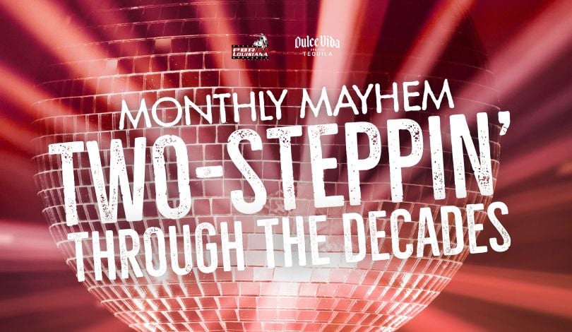 image of a disco ball with red tint, text reads two steppin' through the decades, monthly mayhem at pbr. pbr logo and dulce vida tequila logo at the top