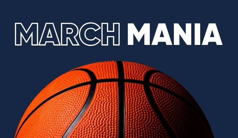 image of a basketball on a navy blue background with the text march mania above it in white