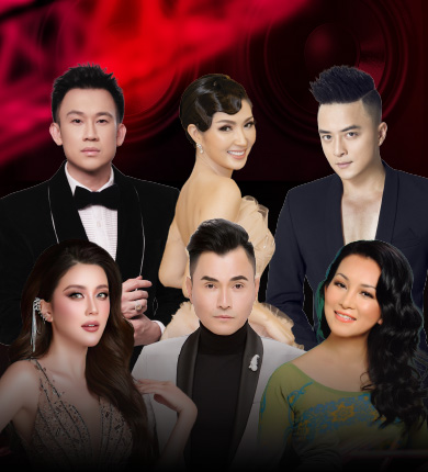 3 Vietnamese women and 3 Vietnamese men in formal wear with a black and red background