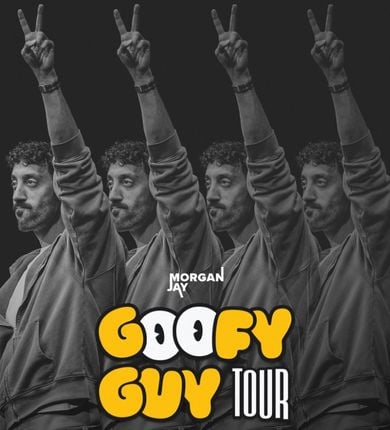 Morgan Jay holding up a peace sign with the words Goofy Guy Tour written in yellow and white bubble letters