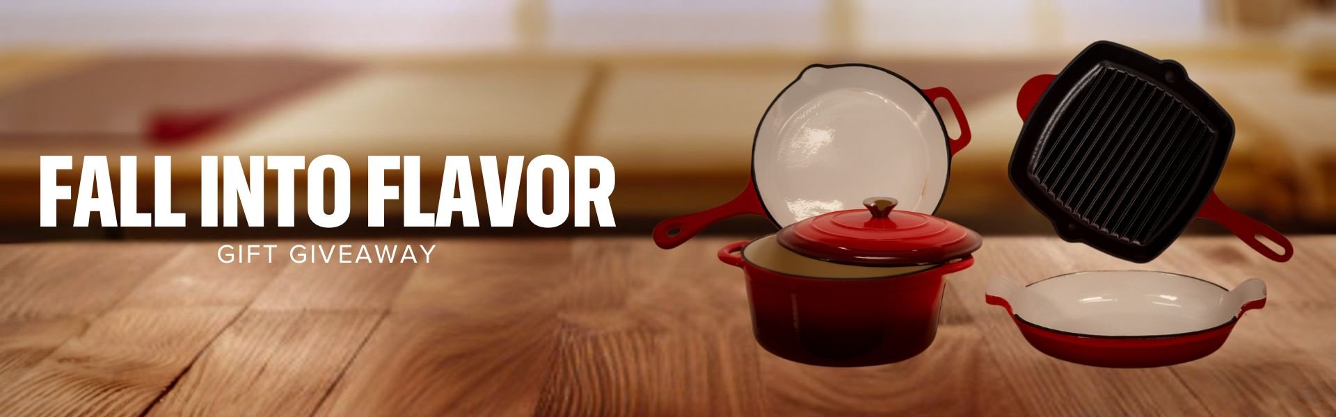 Fall into Flavor Gift Giveaway. Four types of pots/pans/bakeware that are all a dark red color sitting on a wooden table.