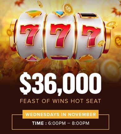 Feast of Wins Hot Seat. Slot machine numbers showing 777 on a background with golden coins flying everywhere.