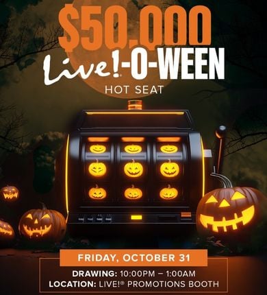 A slot machine that only produces jack-o-lanterns on a spooky black background with a full moon in the background.